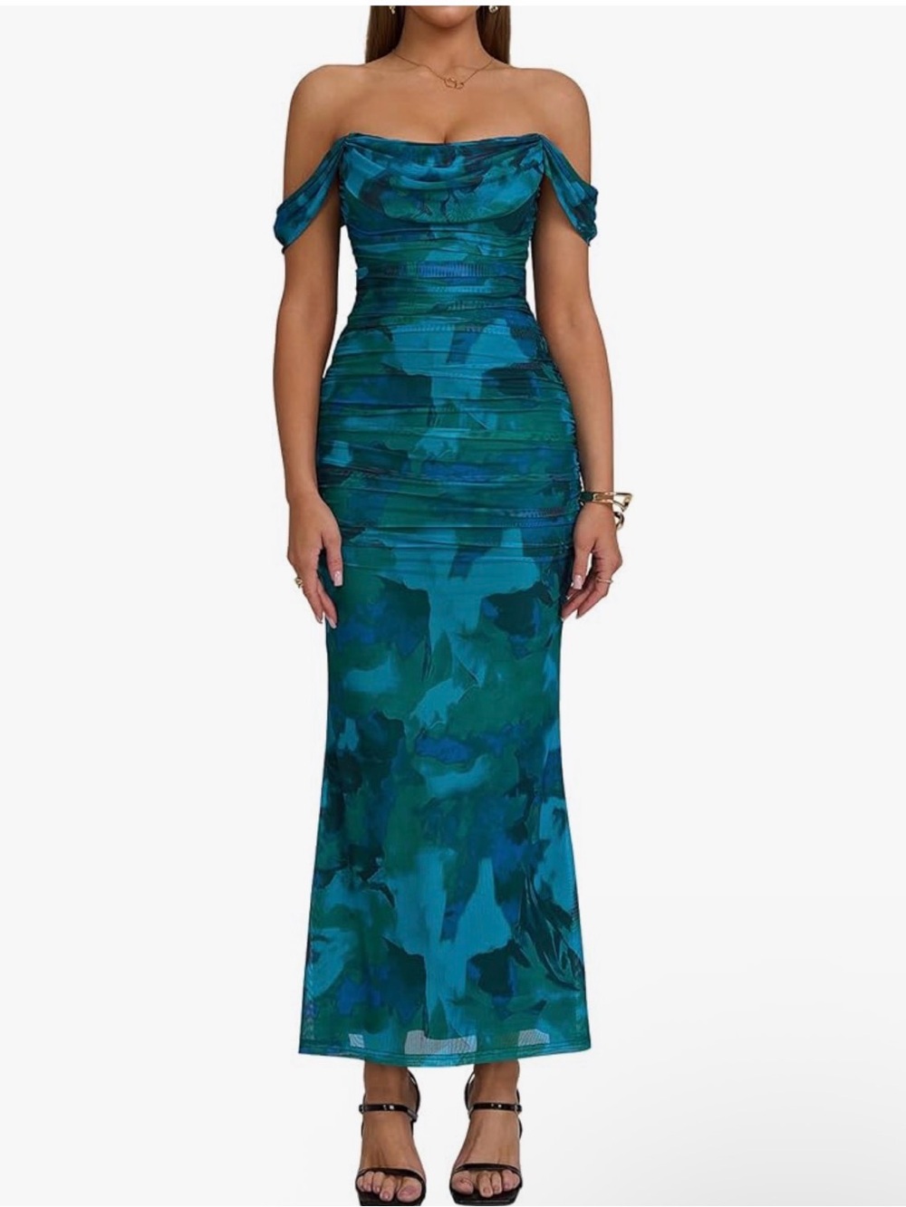 Off-Shoulder Teal Blue Green Print Maxi Dress